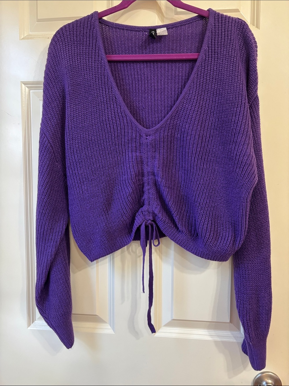 Divided Purple V-Neck Drawstring Cropped Sweater